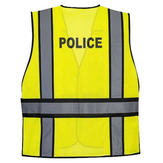 Back of Bright Yellow and Black Police Public Safety Vest